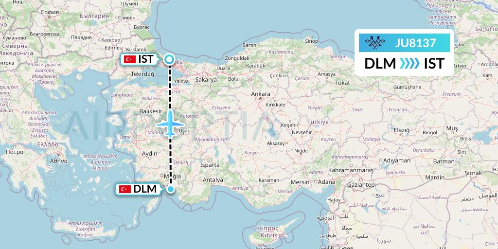 JU8137 AirSERBIA Flight Map: Dalaman to Istanbul