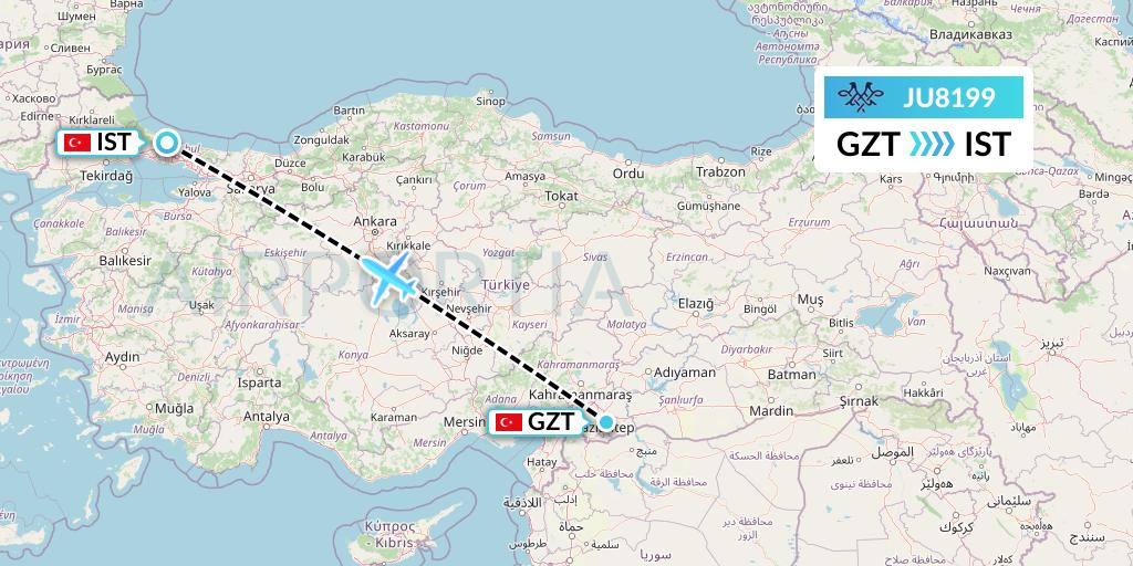 JU8199 AirSERBIA Flight Map: Gaziantep to Istanbul