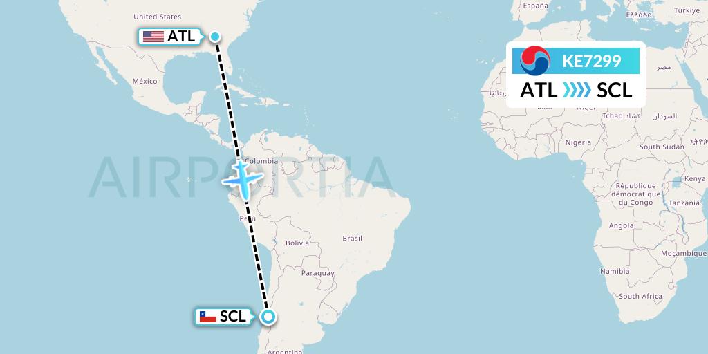 KE7299 Korean Air Flight Map: Atlanta to Santiago
