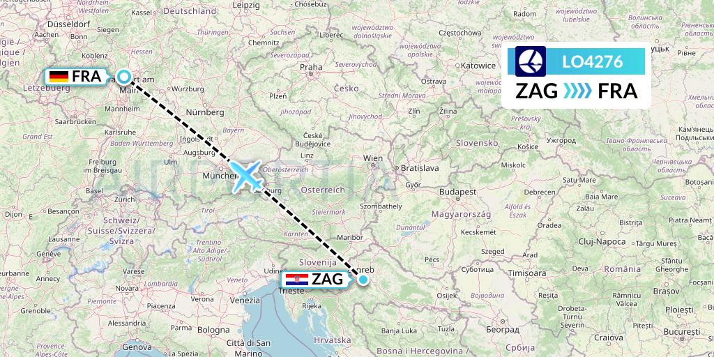 LO4276 LOT Flight Map: Zagreb to Frankfurt