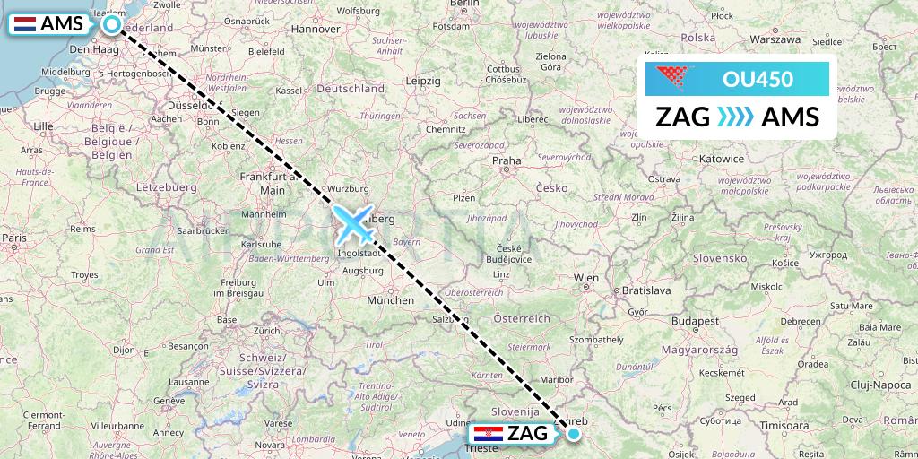 OU450 Croatia Airlines Flight Map: Zagreb to Amsterdam
