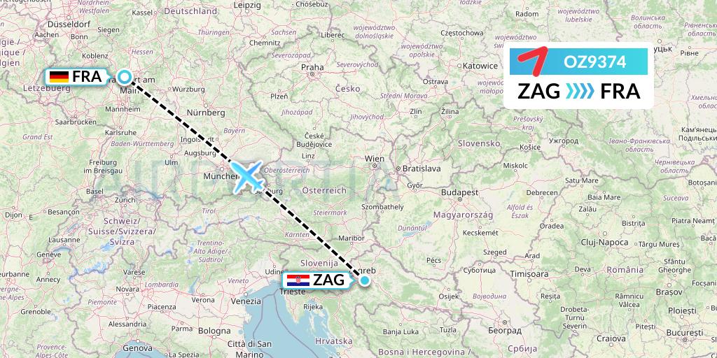 OZ9374 Asiana Airlines Flight Map: Zagreb to Frankfurt