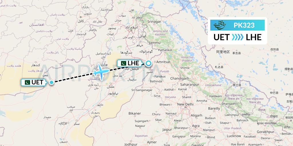 PK323 Pakistan International Airlines Flight Map: Quetta to Lahore
