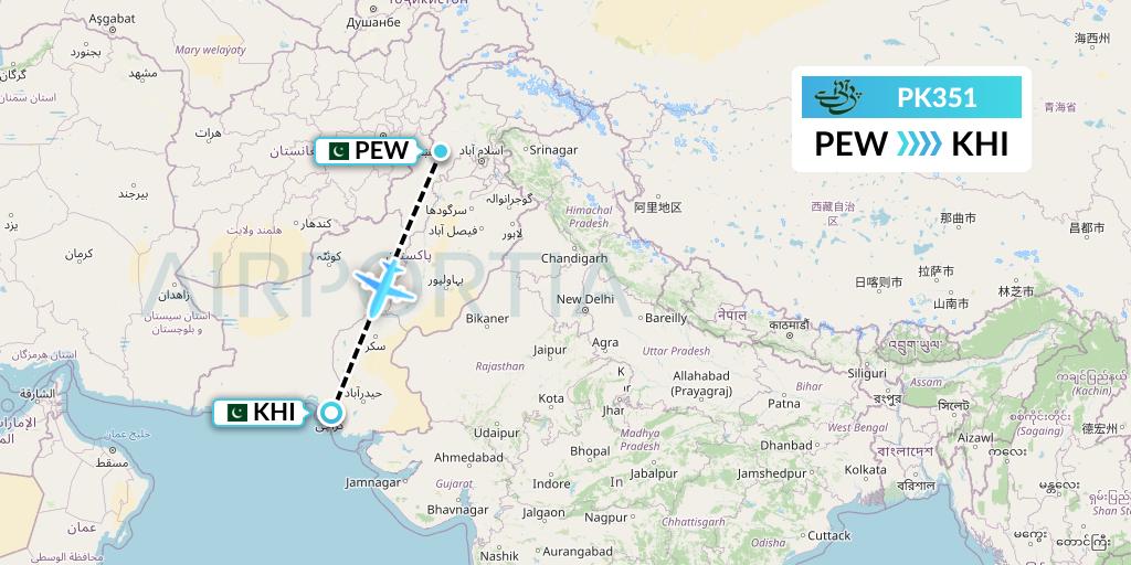 PK351 Pakistan International Airlines Flight Map: Peshawar to Karachi