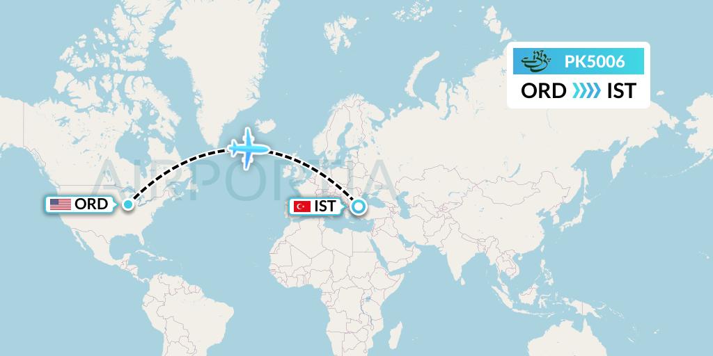 PK5006 Pakistan International Airlines Flight Map: Chicago to Istanbul