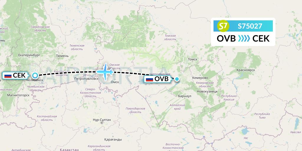 S75027 S7 Airlines Flight Map: Novosibirsk to Chelyabinsk