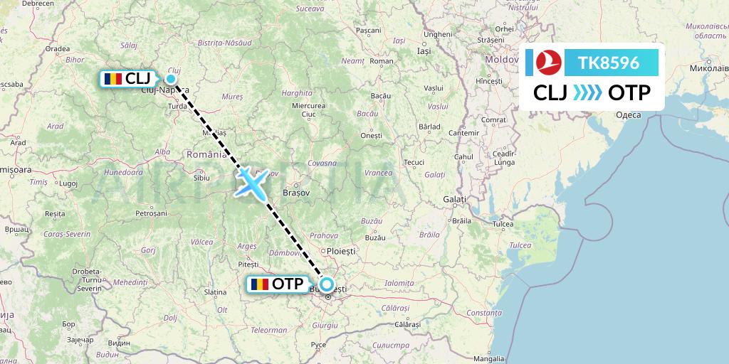 TK8596 Turkish Airlines Flight Map: Cluj-Napoca to Bucharest