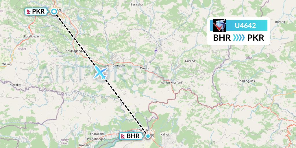 U4642 Buddha Air Flight Map: Bharatpur to Pokhara