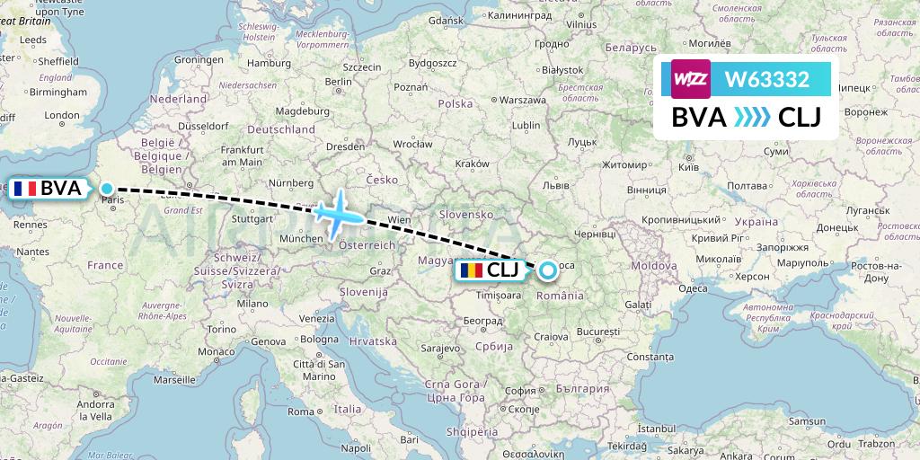 W63332 Wizz Air Flight Map: Paris to Cluj-Napoca