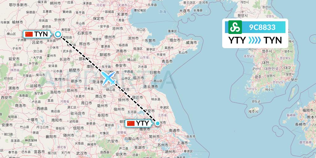 9C8833 Spring Airlines Flight Map: Yangzhou to Taiyuan