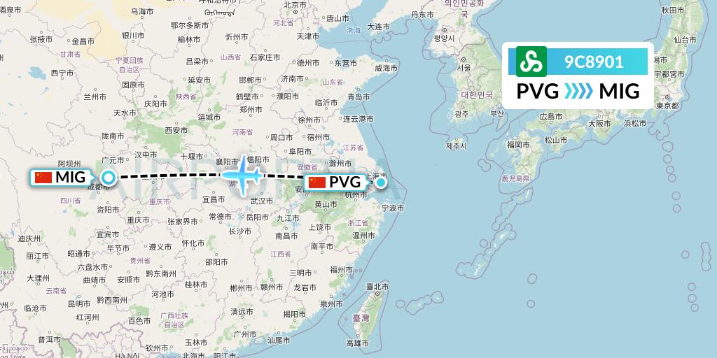 9C8901 Spring Airlines Flight Map: Shanghai to Mianyang
