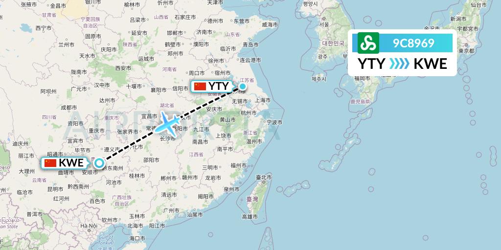 9C8969 Spring Airlines Flight Map: Yangzhou to Guiyang