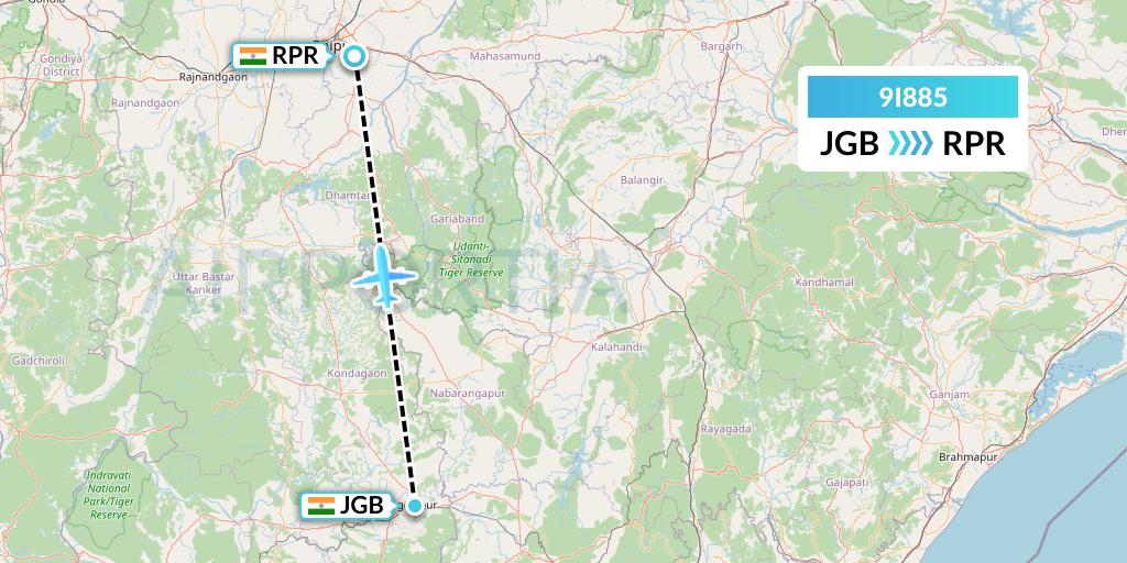 9I885 Air India Regional Flight Map: Jagdalpur to Raipur