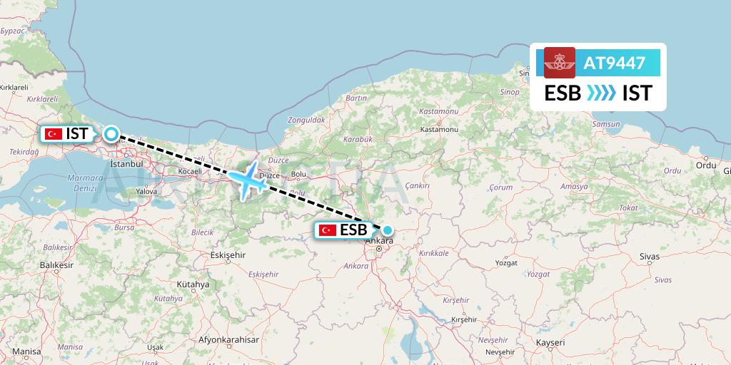 AT9447 Royal Air Maroc Flight Map: Ankara to Istanbul