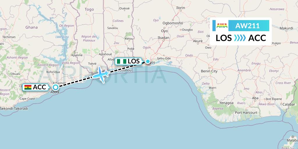 AW211 Africa World Airlines Flight Map: Lagos to Accra