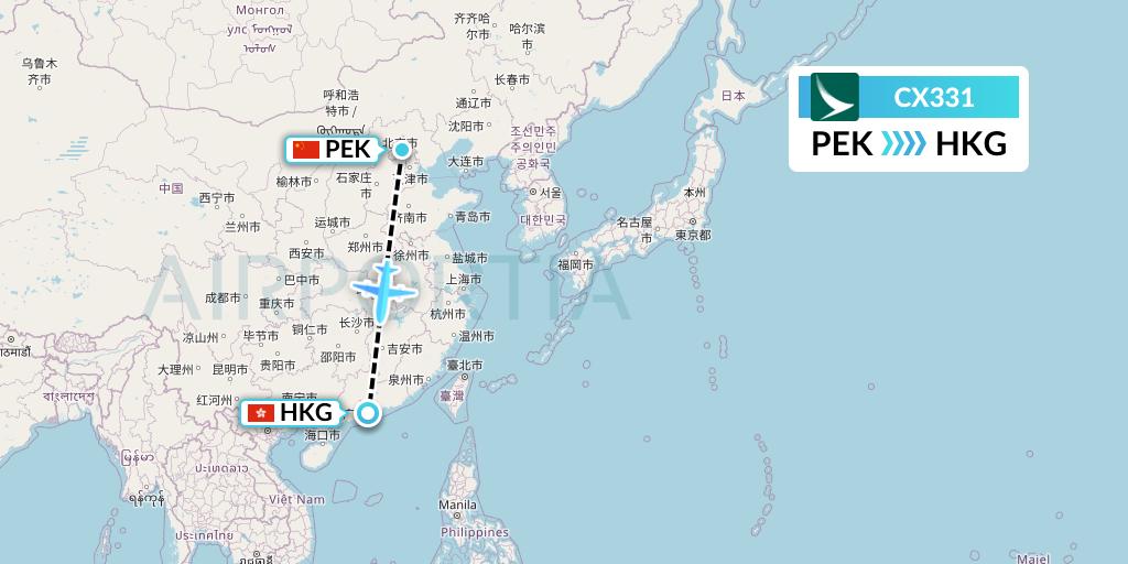 CX331 Cathay Pacific Flight Map: Beijing to Hong Kong