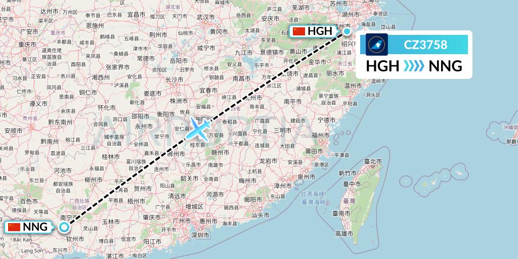CZ3758 China Southern Airlines Flight Map: Hangzhou to Nanning