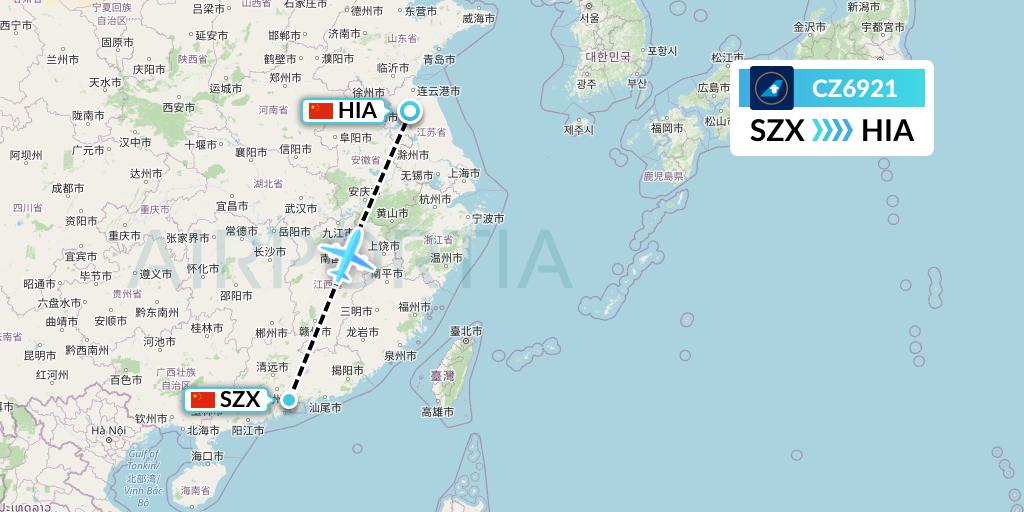 CZ6921 China Southern Airlines Flight Map: Shenzhen to Huai'an