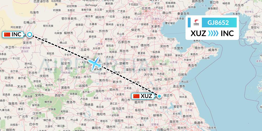 GJ8652 Loong Airlines Flight Map: Xuzhou to Yinchuan