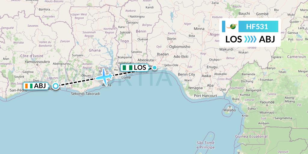 HF531 Air Cote d'Ivoire Flight Map: Lagos to Abidjan