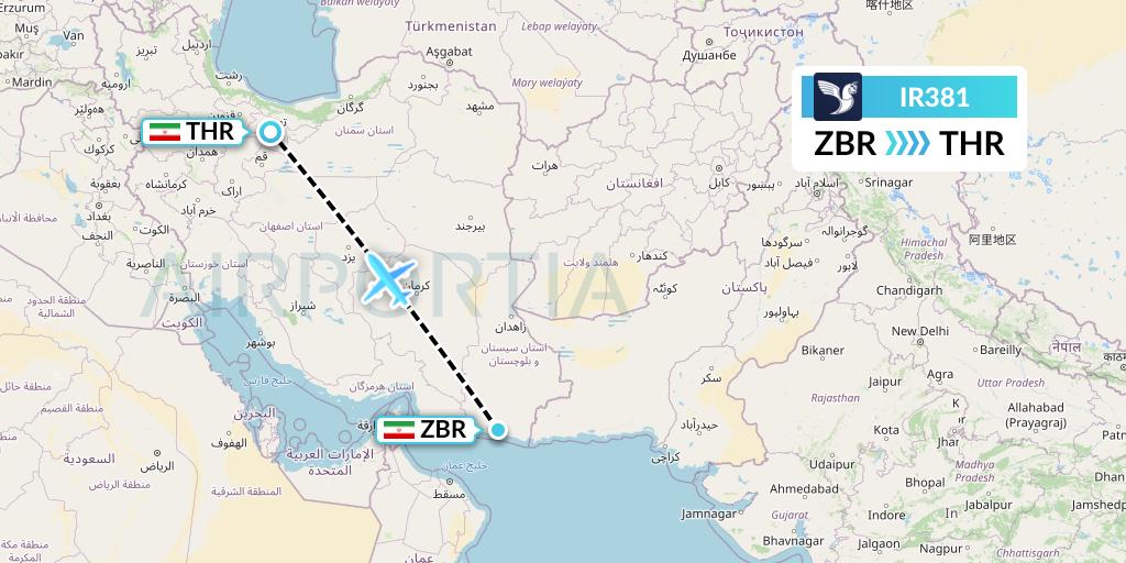 IR381 Iran Air Flight Map: Chabahar to Tehran
