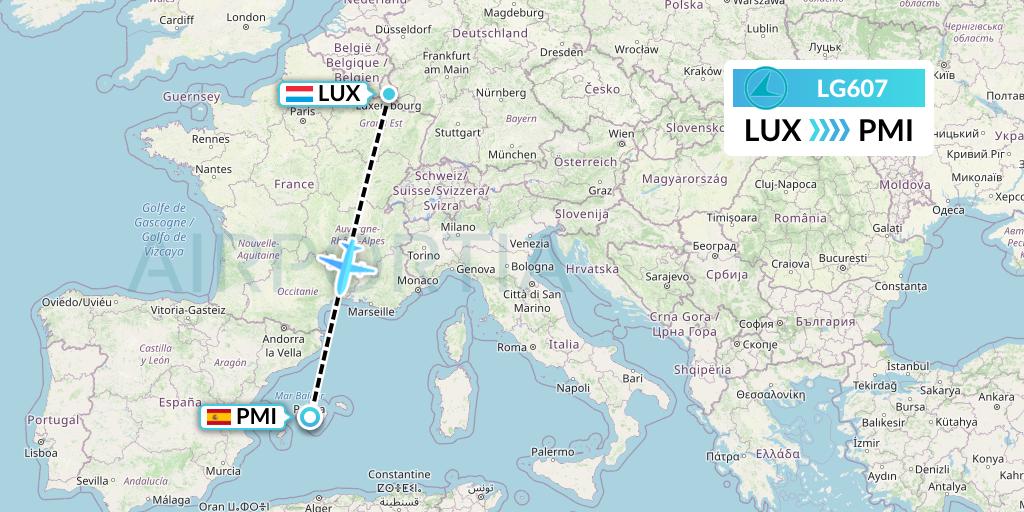 LG607 Luxair Flight Map: Luxembourg to Palma de Mallorca