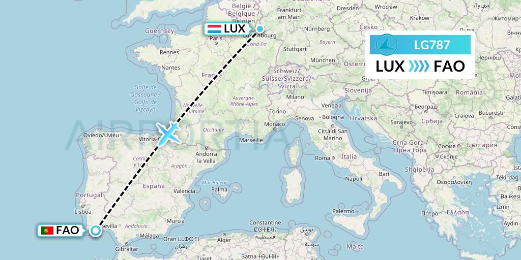 LG787 Luxair Flight Map: Luxembourg to Faro
