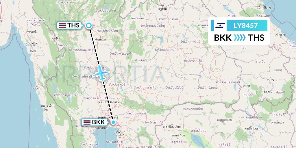 LY8457 El Al Flight Map: Bangkok to Sukhothai