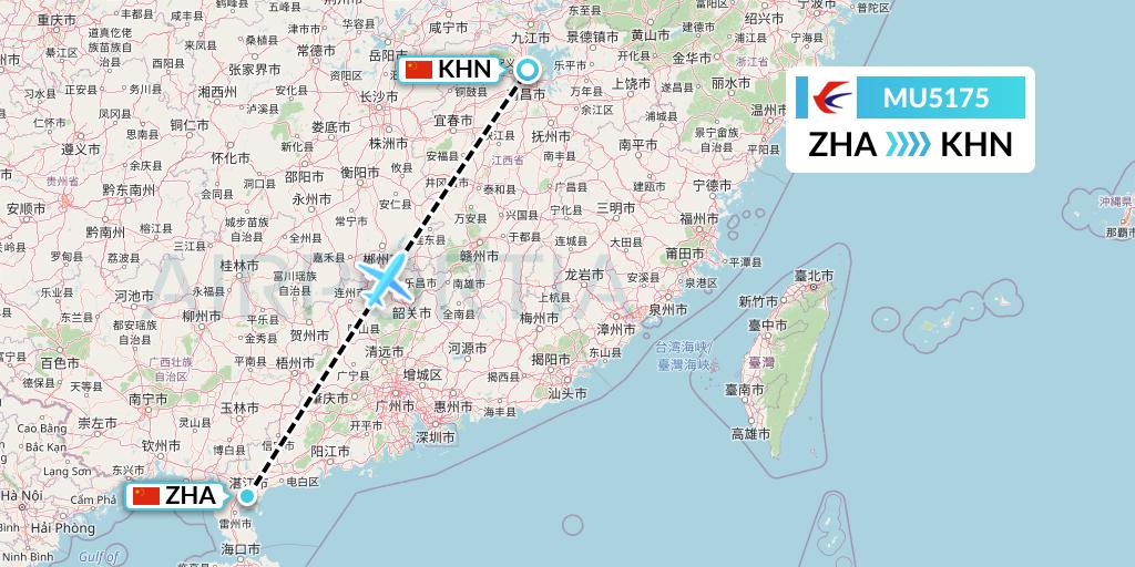MU5175 China Eastern Airlines Flight Map: Zhanjiang to Nanchang