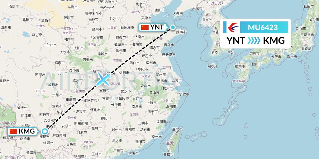 MU6423 China Eastern Airlines Flight Map: Yantai to Kunming