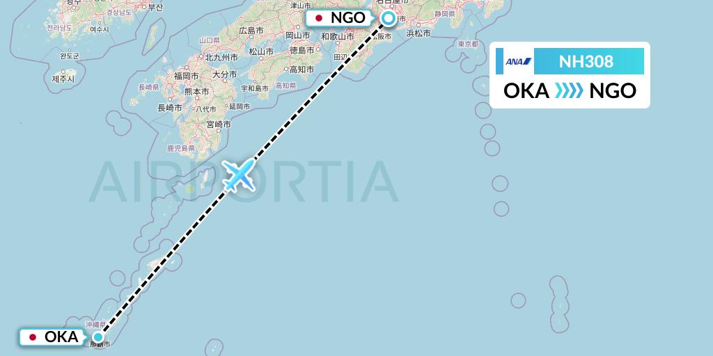 NH308 All Nippon Airways Flight Map: Naha to Nagoya