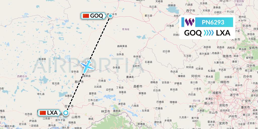 PN6293 China West Air Flight Map: Golmud to Lhasa