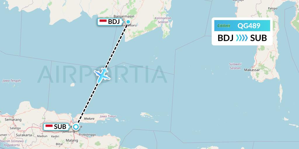 QG489 Citilink Flight Map: Banjarmasin to Surabaya