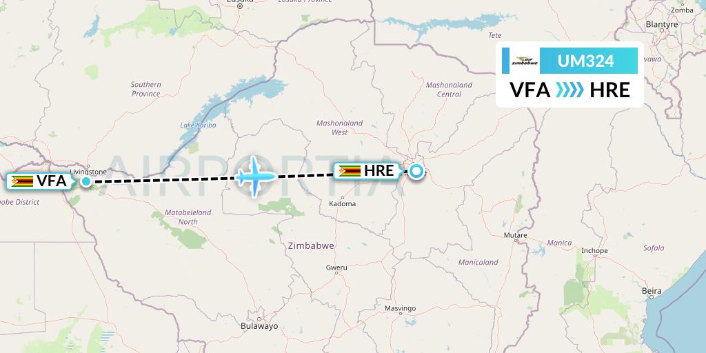 UM324 Air Zimbabwe Flight Map: Victoria Falls to Harare