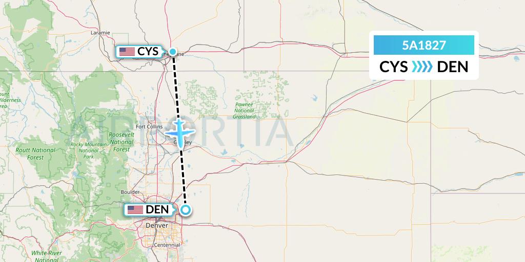 5A1827 Alpine Air Express Flight Map: Cheyenne to Denver