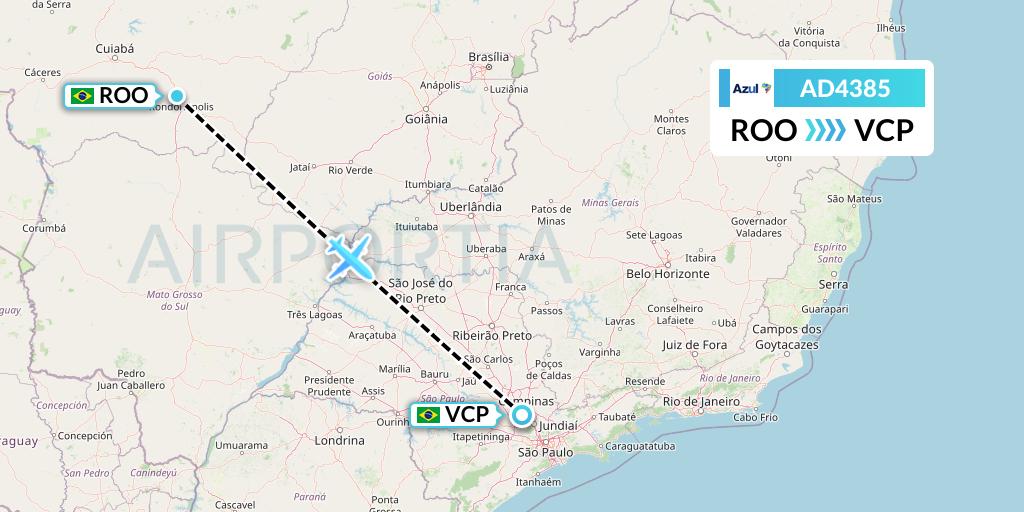 AD4385 Azul Brazilian Airlines Flight Map: Rondonopolis to Campinas