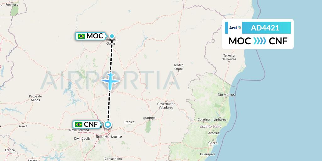 AD4421 Azul Brazilian Airlines Flight Map: Montes Claros to Belo Horizonte