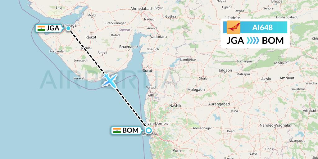 AI648 Air India Flight Map: Jamnagar to Mumbai