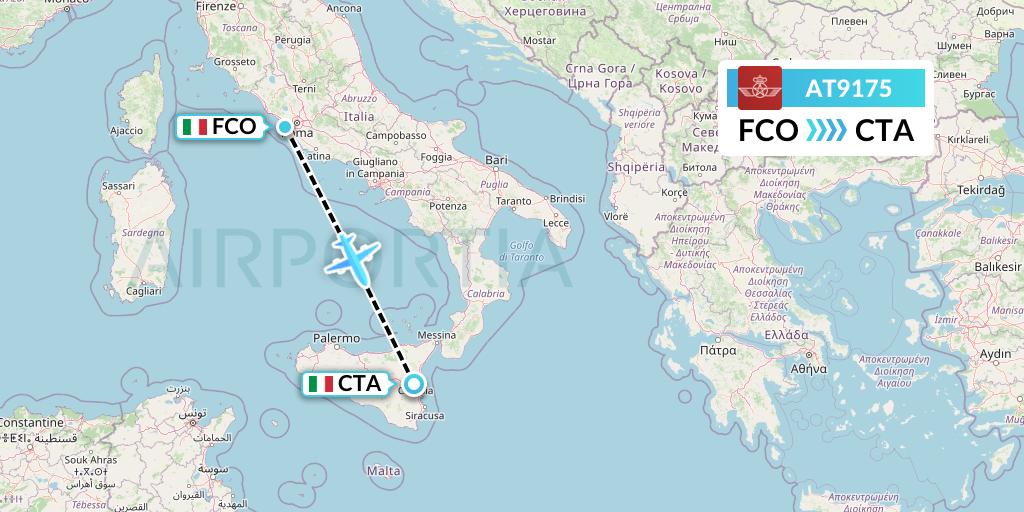 AT9175 Royal Air Maroc Flight Map: Rome to Catania