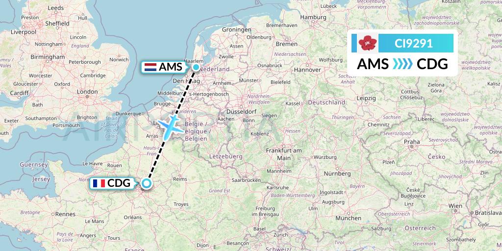CI9291 China Airlines Flight Map: Amsterdam to Paris