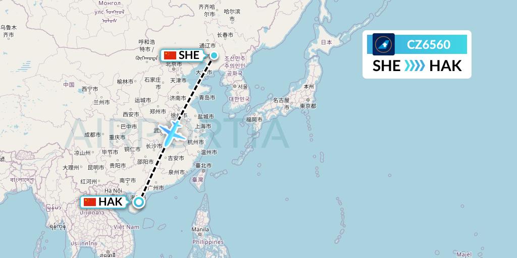 CZ6560 China Southern Airlines Flight Map: Shenyang to Haikou