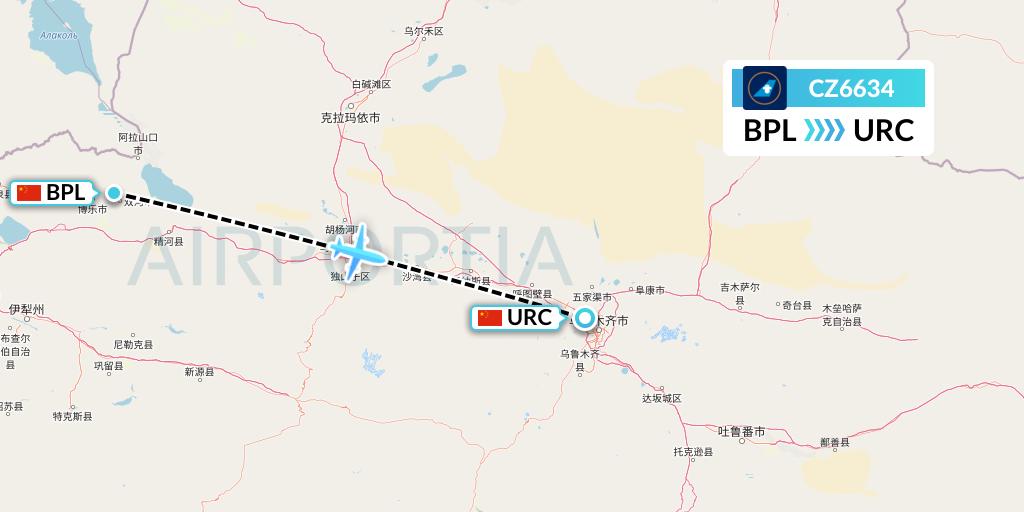 CZ6634 China Southern Airlines Flight Map: Bole to Urumqi