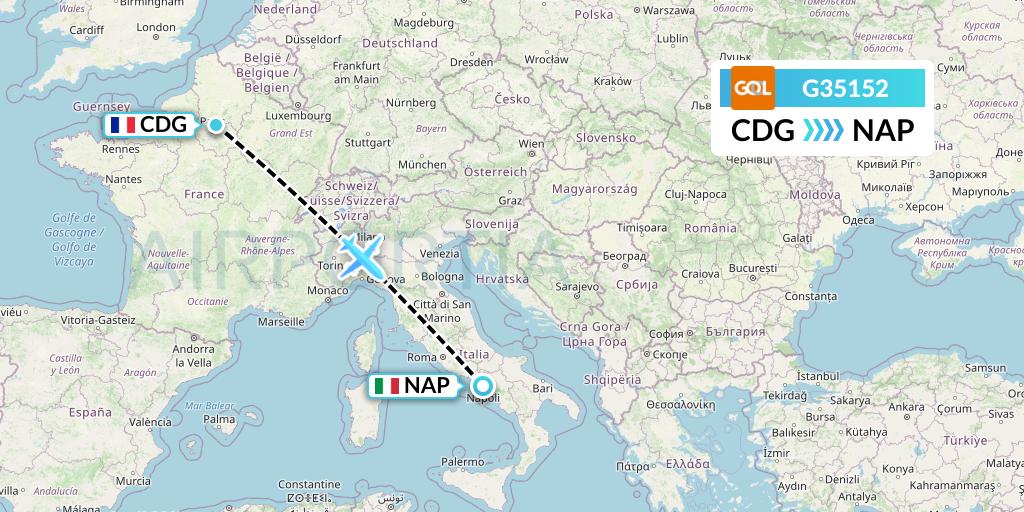 G35152 GOL Transportes Aeros Flight Map: Paris to Naples