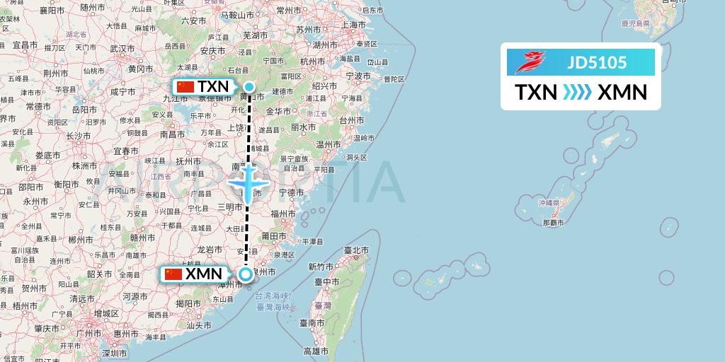 JD5105 Capital Airlines Flight Map: Huangshan City to Xiamen