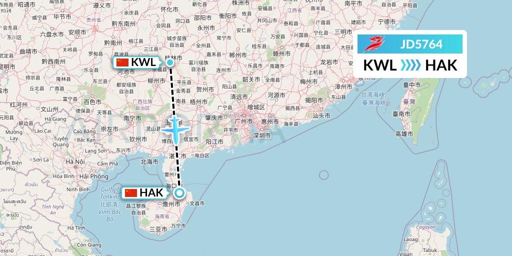 JD5764 Capital Airlines Flight Map: Guilin to Haikou