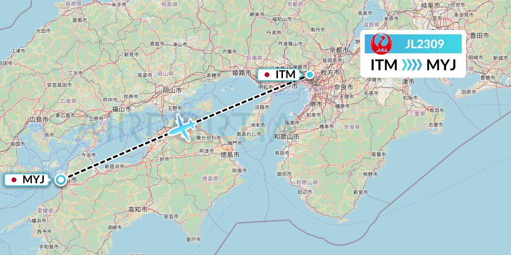 JL2309 Japan Airlines Flight Map: Osaka to Matsuyama