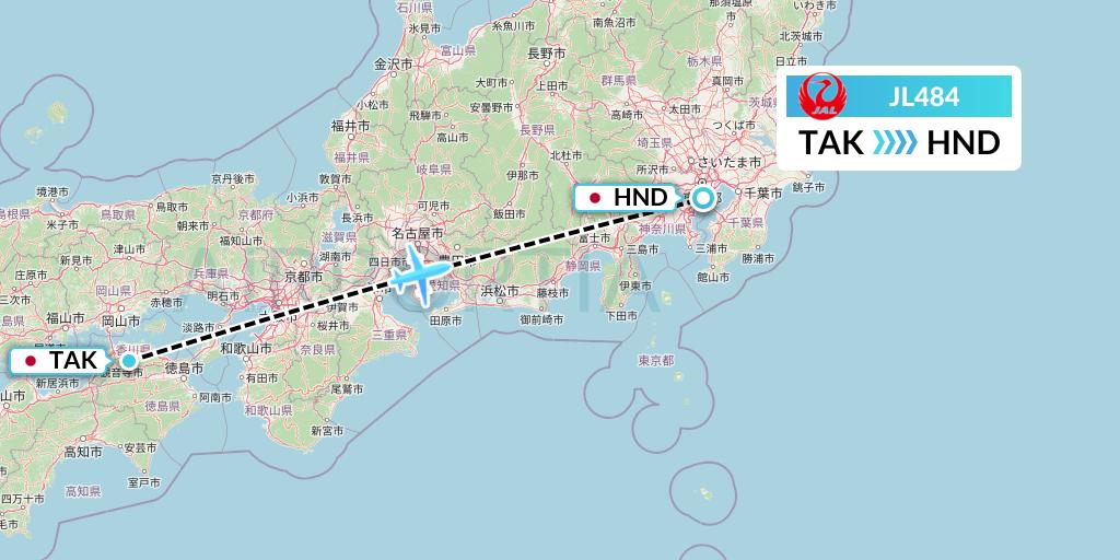 JL484 Japan Airlines Flight Map: Takamatsu to Tokyo