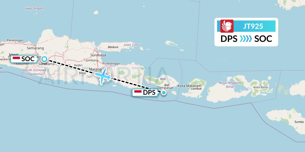 JT925 Lion Airlines Flight Map: Denpasar to Surakarta