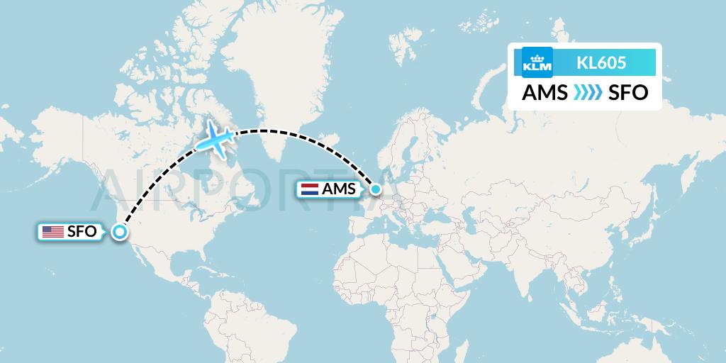 KL605 KLM Flight Map: Amsterdam to San Francisco