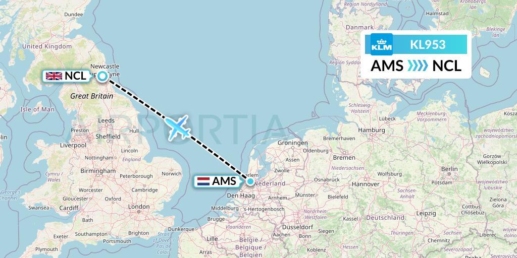KL953 KLM Flight Map: Amsterdam to Newcastle